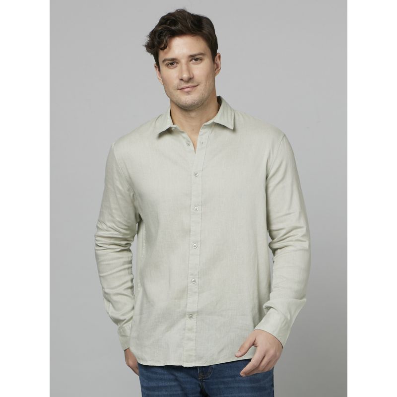 CELIO Solid Green Linen Long Sleeves Shirt (M)