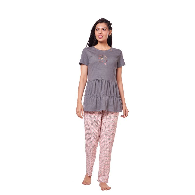 July Nightwear For Women Embroidery Cotton T-Shirt - Pyjama-Pc848 - Grey (L)