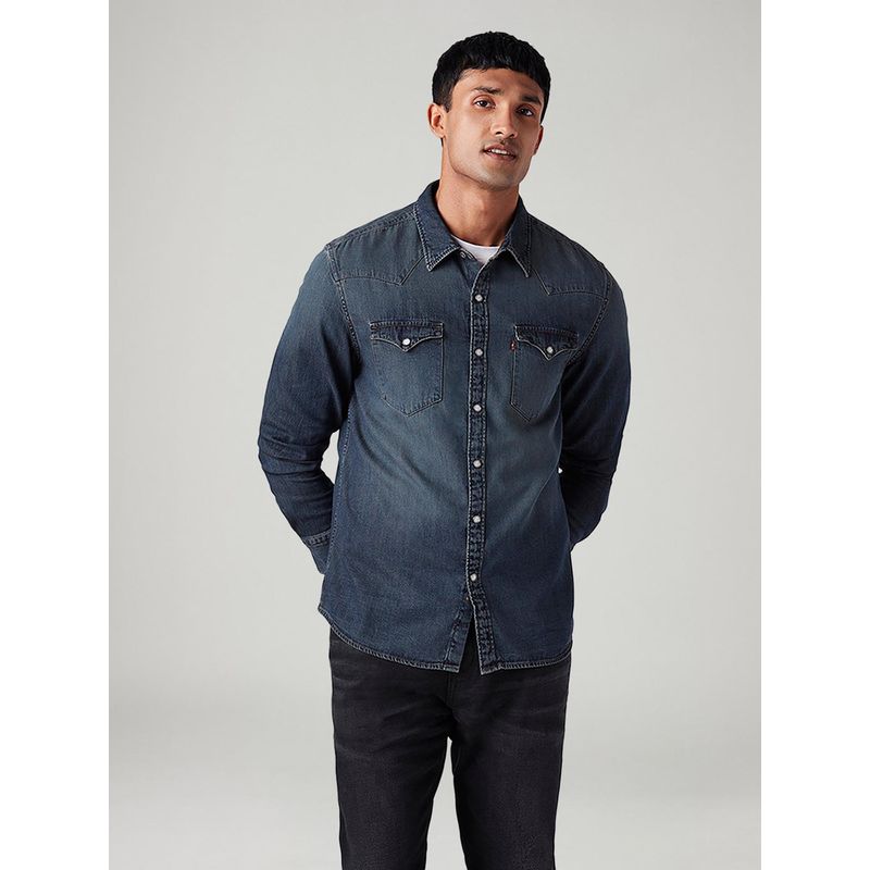 Levi's Blue Men's Solid Slim Fit Denim Shirt (2XL)