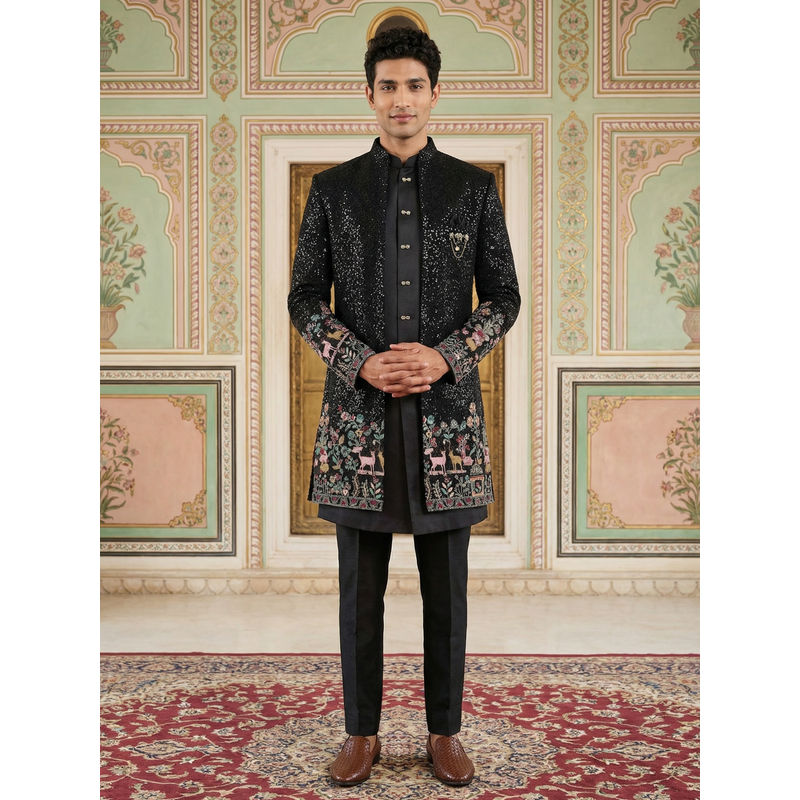 Jompers Men’s Black Heavily Embroidered Indo-Western Kurta with Sherwani & Pant (L)