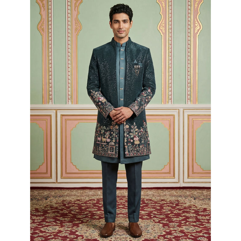 Jompers Men’s Peacock Teal Heavily Embroidered Indo-Western Kurta with Sherwani & Pant (S)