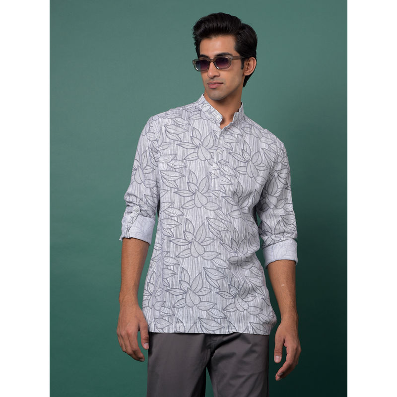CRIMSOUNE CLUB Mens Grey Floral Print Short Kurta (S)