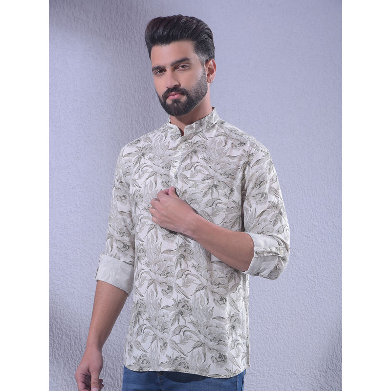 CRIMSOUNE CLUB Mens Grey Floral Print Linen Short Kurta (M)