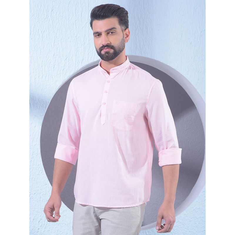 CRIMSOUNE CLUB Mens Pink Linen Short Kurta (S)