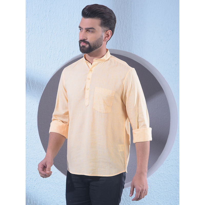 CRIMSOUNE CLUB Mens Yellow Linen Short Kurta (S)