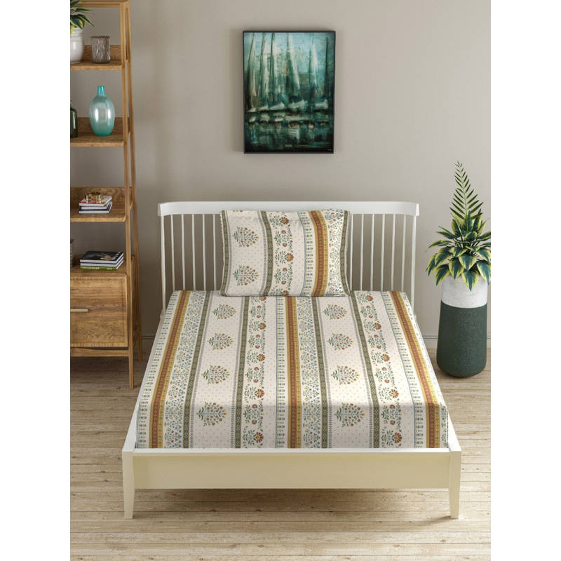 MORADO Premium Glace Cotton Cream Flat Bedsheet with 1 Pillow Cover (Single)