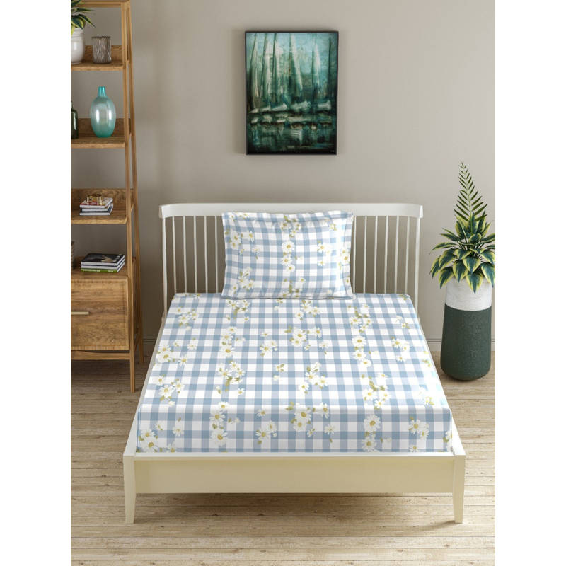 MORADO Premium Glace Cotton Blue Flat Bedsheet with 1 Pillow Cover (Single)