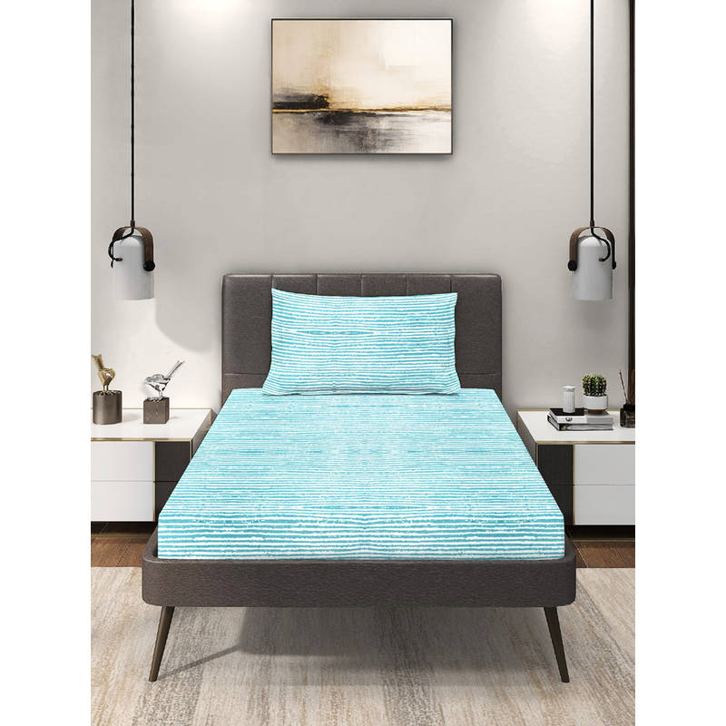 MORADO Premium Glace Cotton Blue Flat Bedsheet with 1 Pillow Cover (Single)