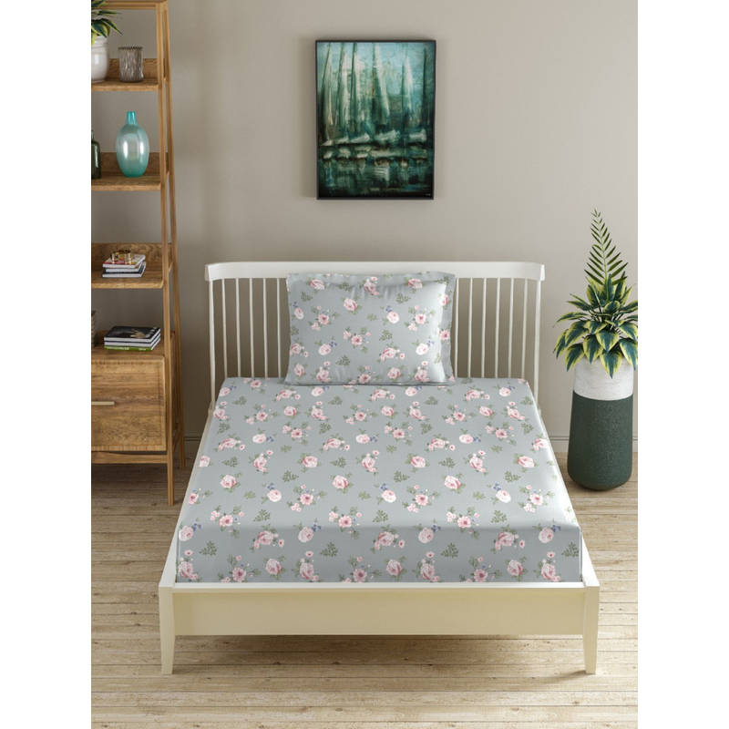 MORADO Premium Glace Cotton Grey Flat Bedsheet with 1 Pillow Cover (Single)