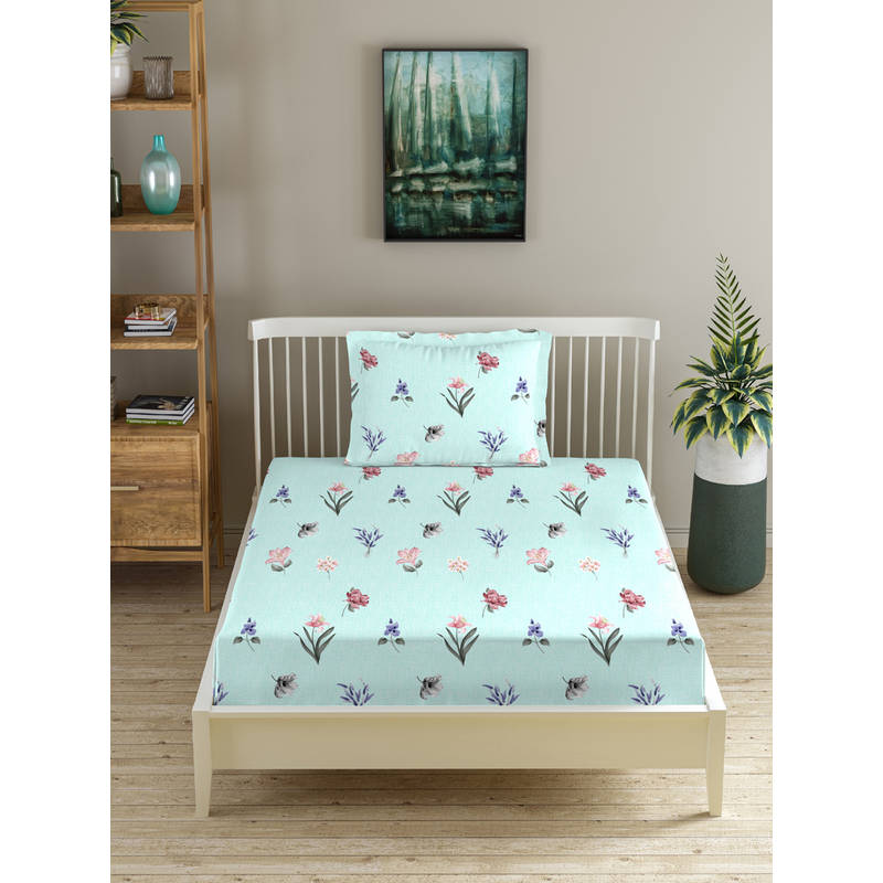 MORADO Premium Glace Cotton Blue Flat Bedsheet with 1 Pillow Cover (Single)