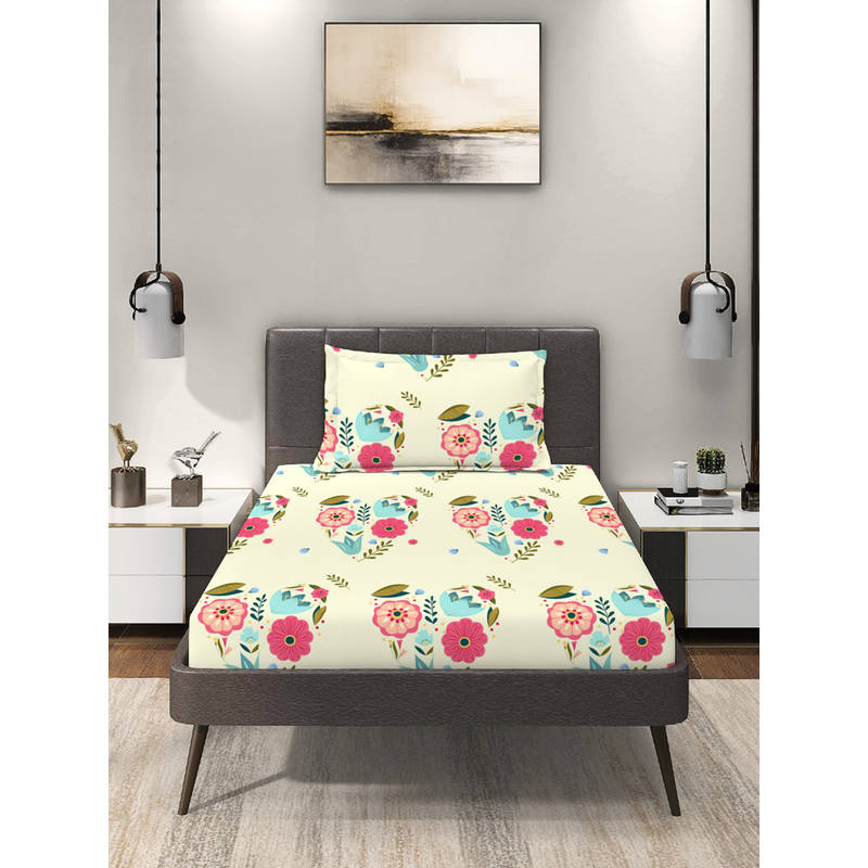 MORADO Premium Glace Cotton Off White Flat Bedsheet with 1 Pillow Cover (Single)