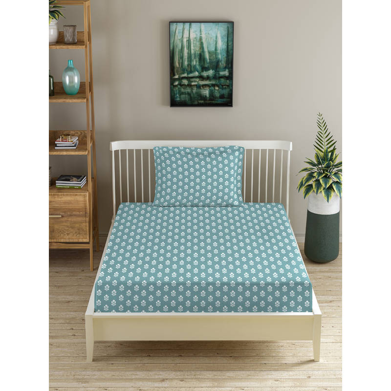 MORADO Premium Glace Cotton Blue Flat Bedsheet with 1 Pillow Cover (Single)