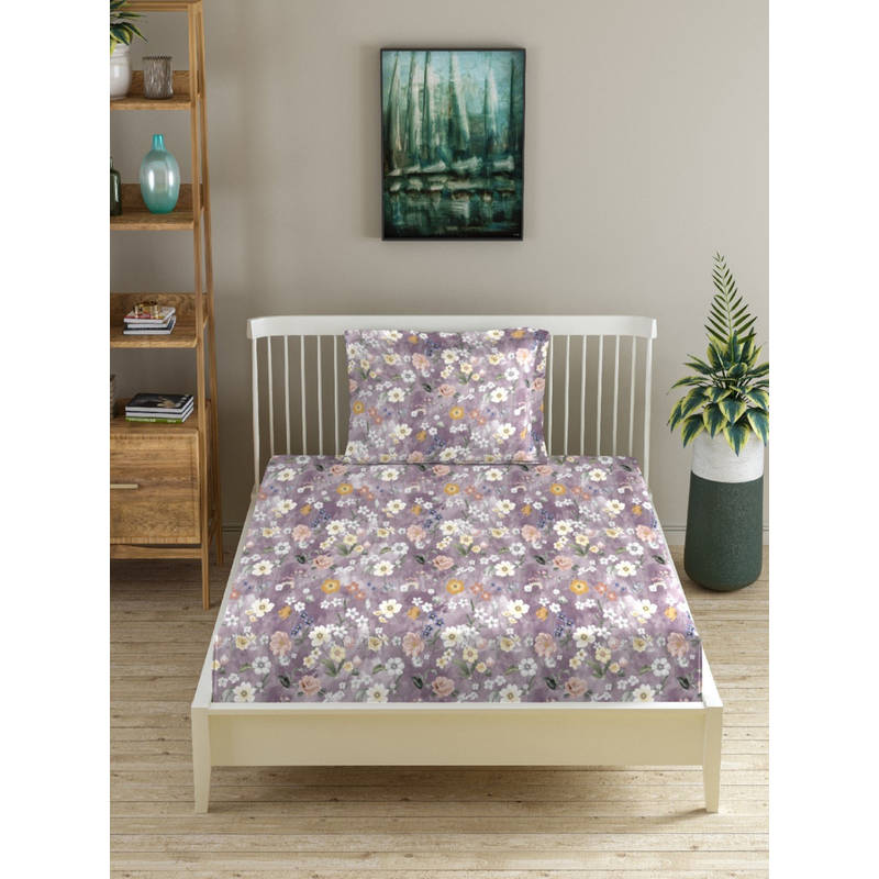 MORADO Premium Glace Cotton Purple Flat Bedsheet with 1 Pillow Cover (Single)