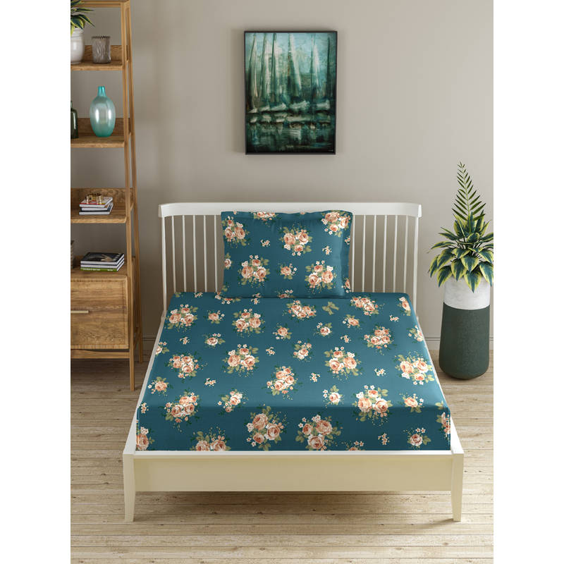 MORADO Premium Glace Cotton Teal Flat Bedsheet with 1 Pillow Cover (Single)