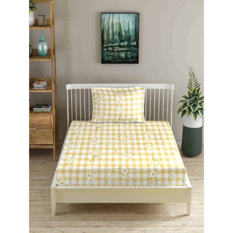 MORADO Premium Glace Cotton Yellow Flat Bedsheet with 1 Pillow Cover (Single)