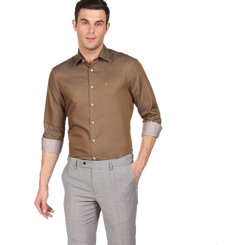 Arrow Men Dark Brown Cotton Patterned Weave Premium Formal Shirt (39)
