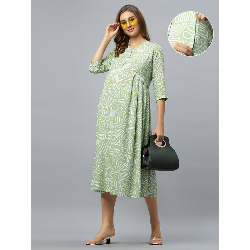 Mamma's Maternity Green Cotton V-Neck Strips Printed Pregnancy/Feeding Short Dress (XL)