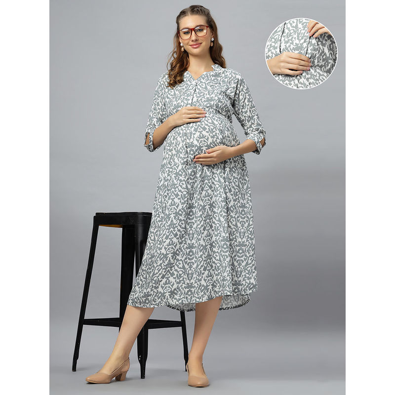 Mamma's Maternity Grey Cotton V-Neck Printed Pregnancy/Feeding Short Dress (M)