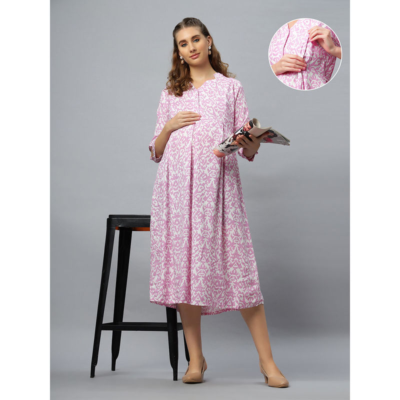 Mamma's Maternity Light Purple Cotton Printed Pregnancy/Feeding Short Dress (M)