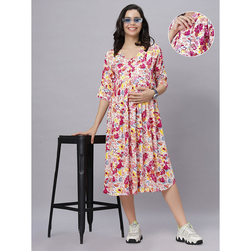 Mamma's Maternity Multi-Colour Rayon Round Pregnancy/Feeding Short Dress - M (L)