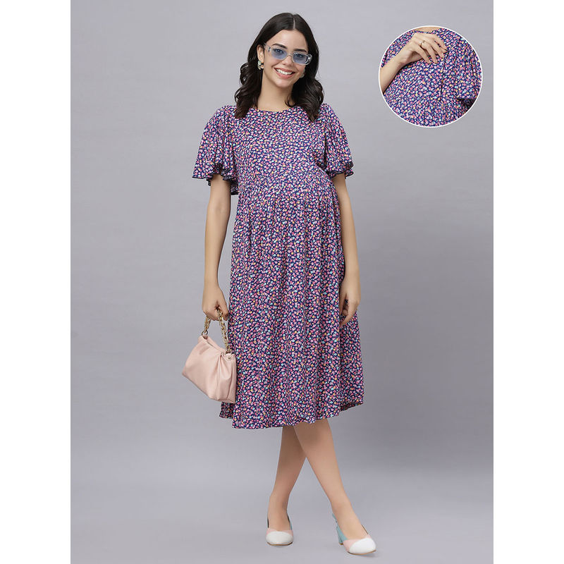Mamma's Maternity Royal Blue Rayon Floral Printed Pregnancy/Feeding Short Dress (L)