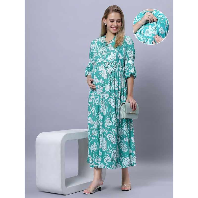 Mamma's Maternity Turquoise Rayon Pregnancy/Feeding Long Dress with Belt (Set of 2) (XL)