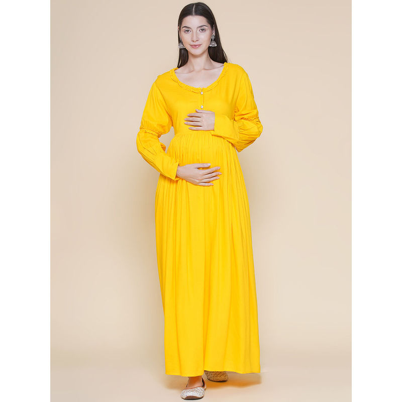 Mine4Nine Solid Yellow Maternity Maxi Baby shower Dress with Gathered Sleeves (M)