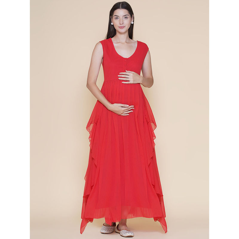 Mine4Nine Solid Red Sleeveless Maternity Baby shower Maxi Dress (M)
