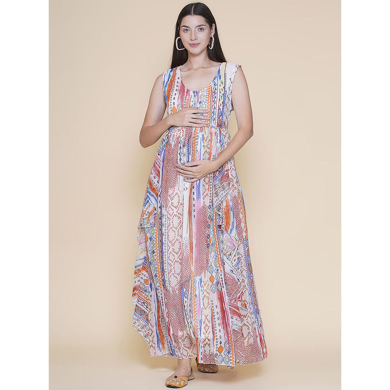Mine4Nine Printed Sleeveless Maternity Baby shower Maxi Dress with Ethnic Patterns (L)