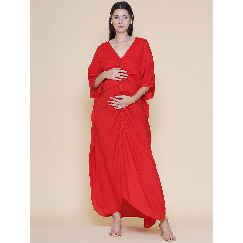 Mine4Nine Vibrant Red Rayon Ruched Long Maternity Kaftan Dress (3XL)