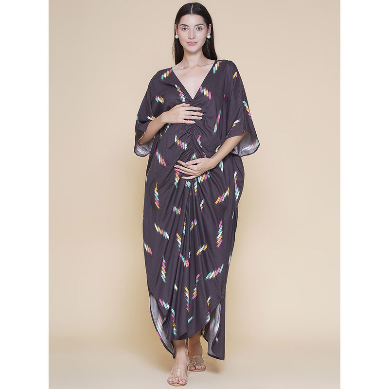 Mine4Nine Blue Printed Rayon Ruched Long Maternity Kaftan Dress (M)