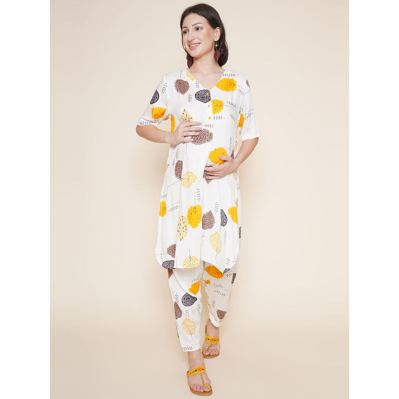 Mine4Nine Cream Printed Rayon Maternity Kurta with Pant (Set of 2) (M)