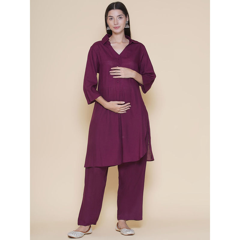 Mine4Nine Maroon Solid Collar Maternity Kurta with Pant (Set of 2) (M)