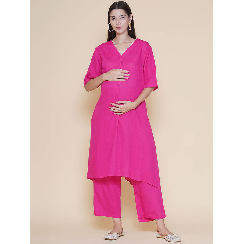 Mine4Nine Pink Solid Comfort-Fit Maternity Kurta with Pant (Set of 2) (M)