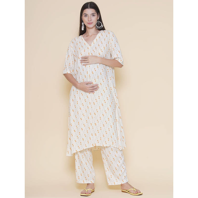 Mine4Nine Cream Floral Comfort-Fit Maternity Kurta with Pant (Set of 2) (M)