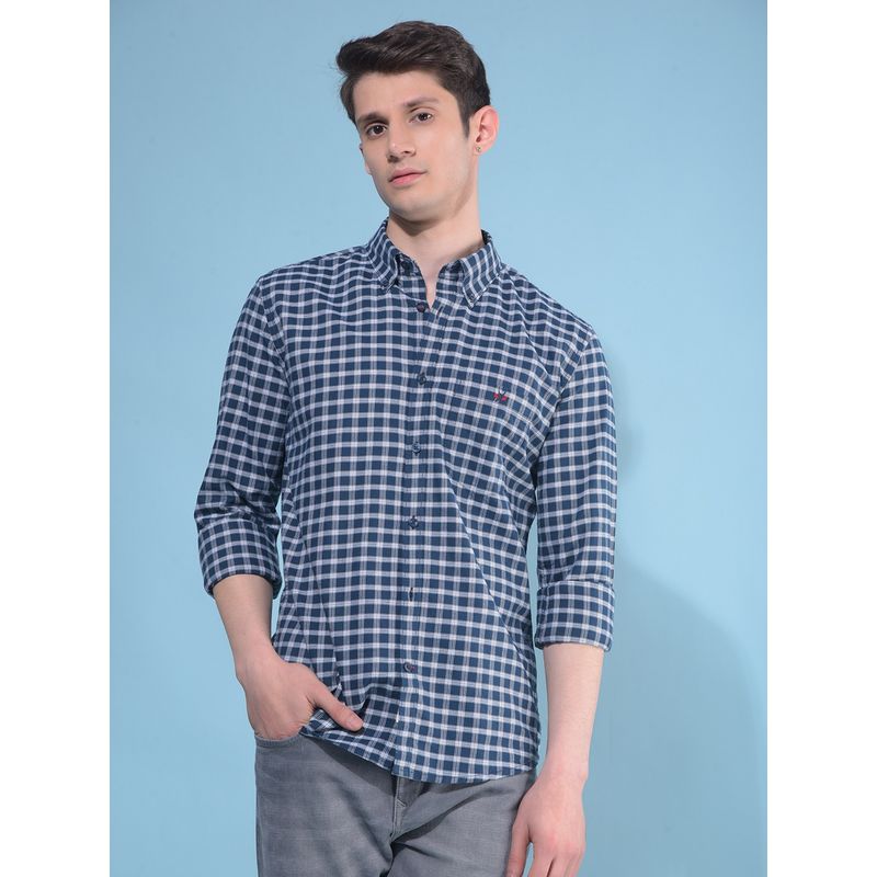 CRIMSOUNE CLUB Men Blue Plain Checks Cotton Casual Shirt (S)
