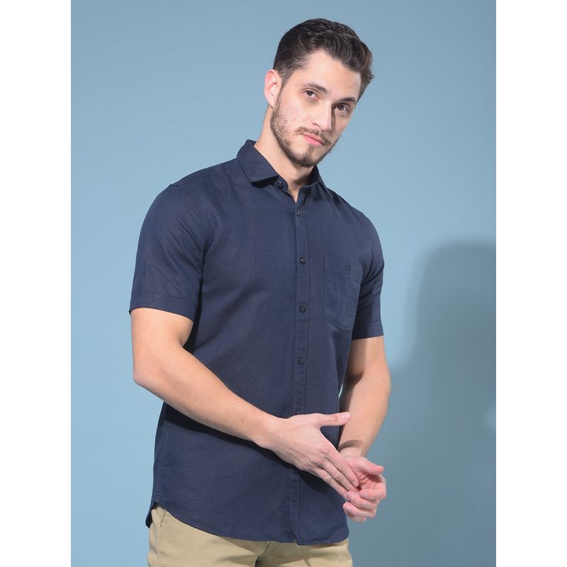 CRIMSOUNE CLUB Men Navy Blue Linen Casual Shirt (XL)