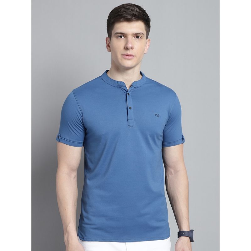 VENITIAN Men Solid Kurta Style Blue T-Shirt (S)