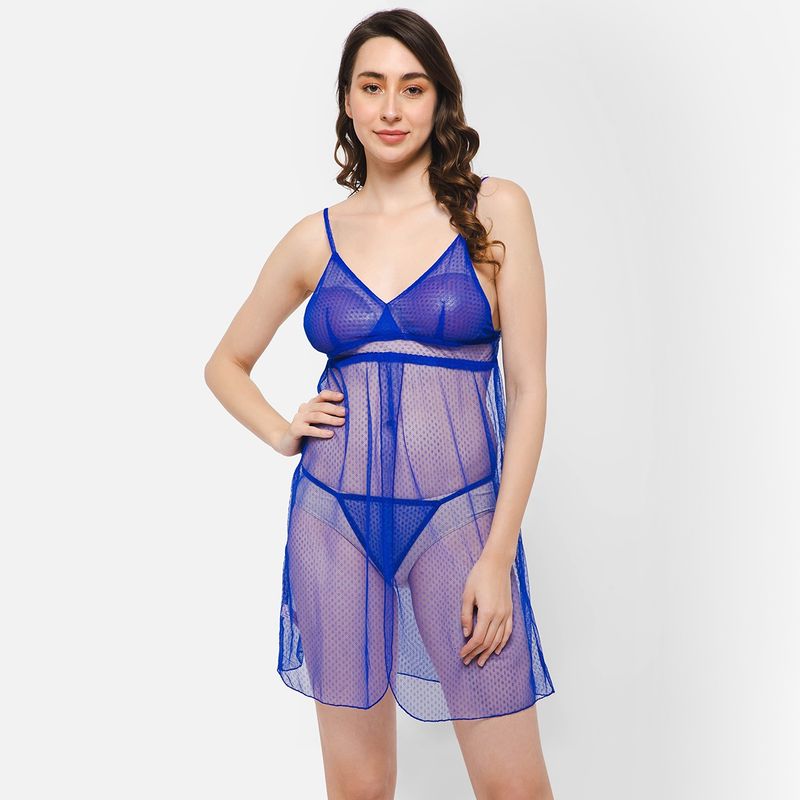 Clovia Chic Basic Semi-Sheer Babydoll With Matching G-String - Lace - Blue (Set of 2) (M)