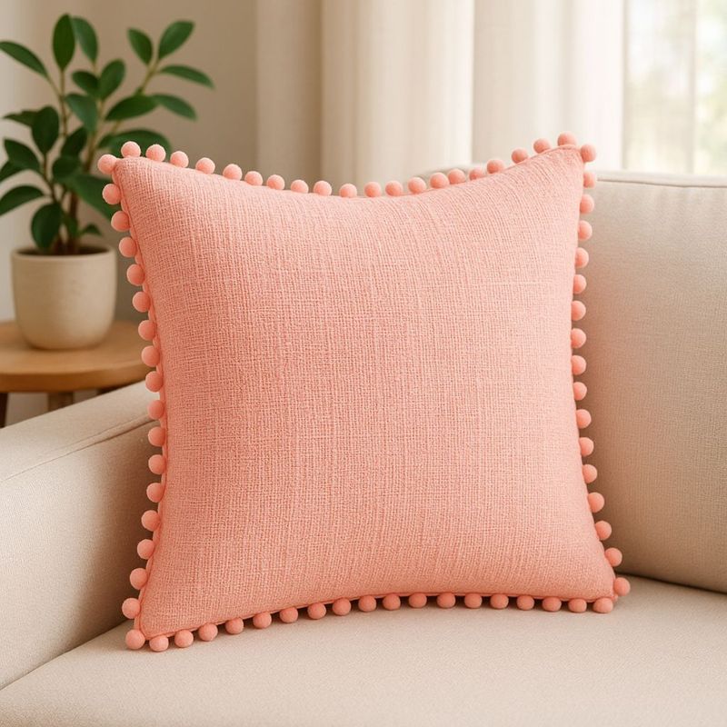 THROW PILLOW Cozy Blush Pink Cotton Basketweave Square Cushion Cover with Pom Edges (12x12 inches)