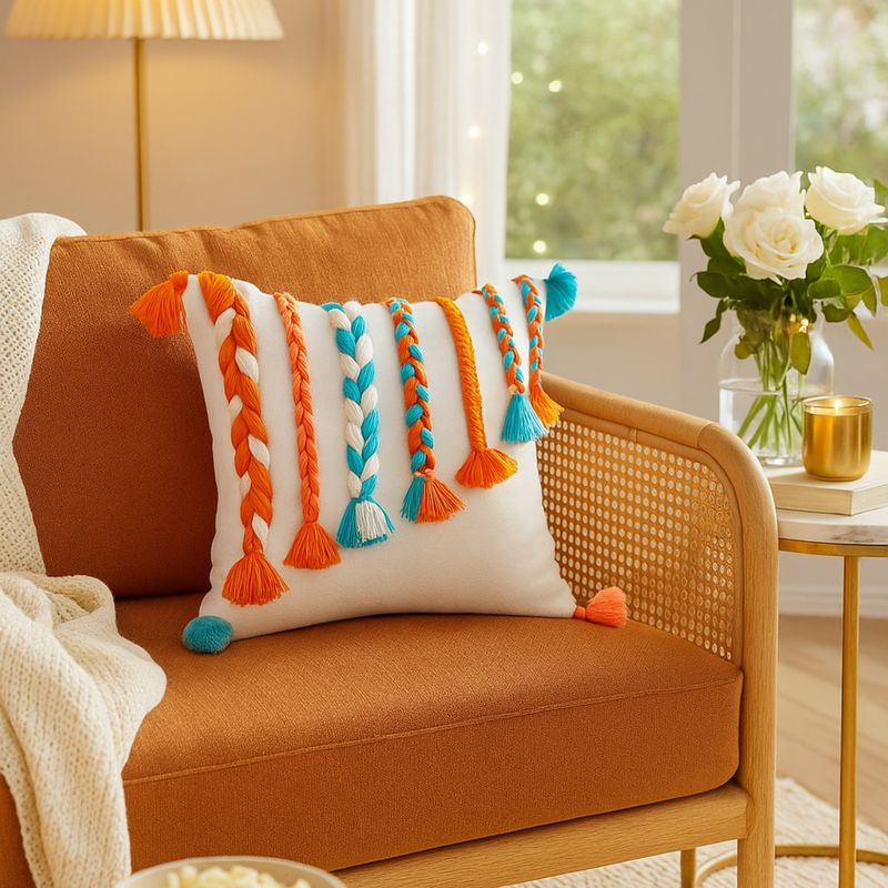 THROW PILLOW Bohemian Handmade Cushion Cover: Braided Tassels, Premium Fabric Decor (12x12 inches)
