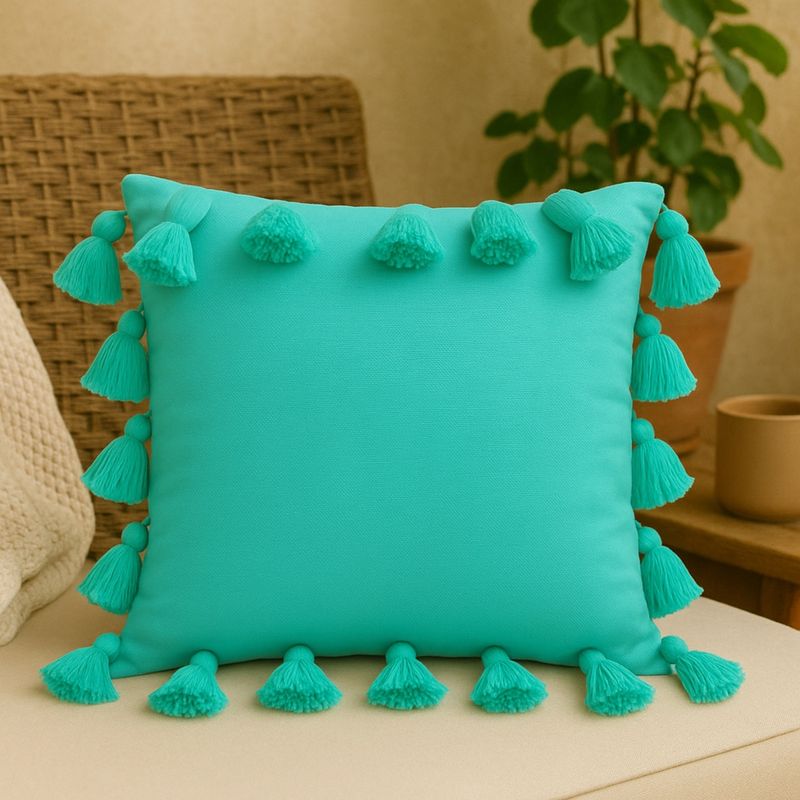 THROW PILLOW Mint Green Tasselled Cushion Cover - Handmade Decor Fabric Accent (12x12 inches)