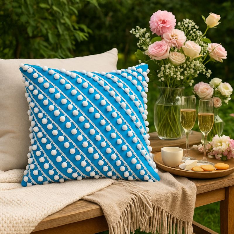 THROW PILLOW Vibrant Blue Cushion Cover: Premium Fabric With Playful White Pom-Poms (12x12 inches)