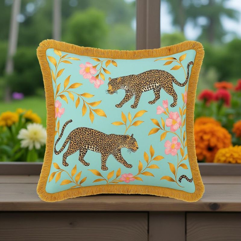 THROW PILLOW Safari Luxe Cushion: Leopard Print With Golden Fringe - Exotic Decor (12x12 inches)