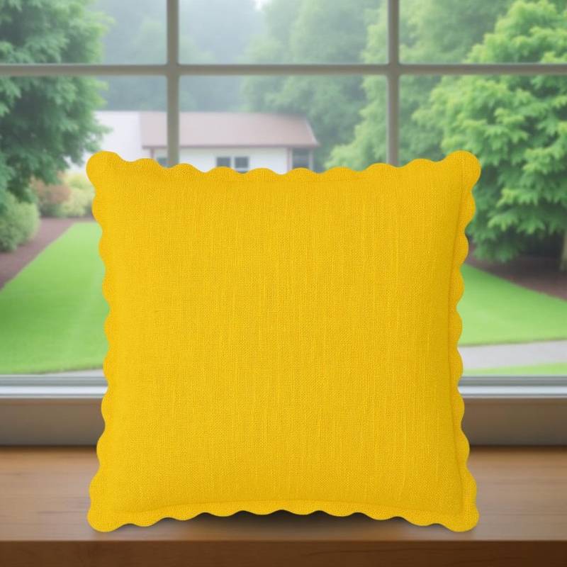 THROW PILLOW Zesty Scallop Cushion: Mustard Yellow Basketweave For Playful Decor (12x12 inches)