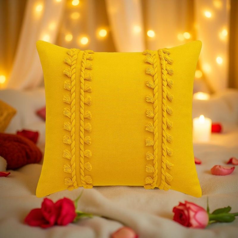 THROW PILLOW Golden Tassel Charm: Mustard Yellow Cushion Cover For Boho Elegance (12x12 inches)