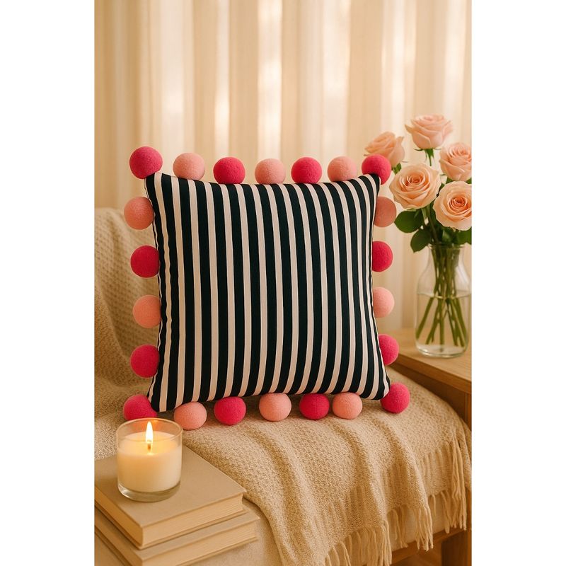 THROW PILLOW Playful Stripes: Black & White Cushion With Pom-Poms - Chic Decor (12x12 inches)