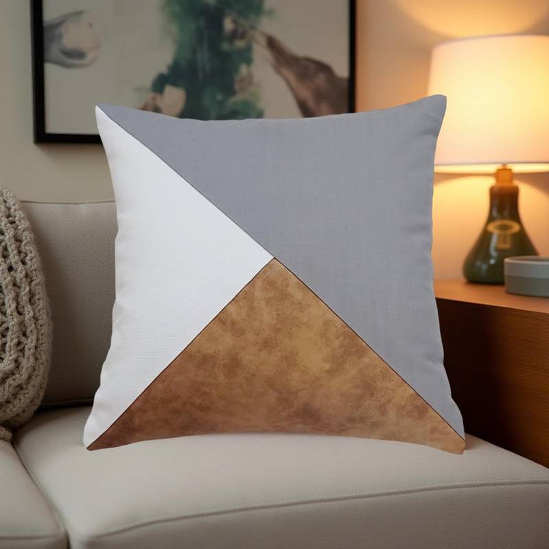 THROW PILLOW Geometric Fusion Cushion: White, Grey, Brown, Faux Leather & Fabric (12x12 inches)