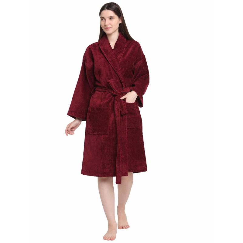 Creeva Wine Solid 100% Cotton Bath Robe (M)