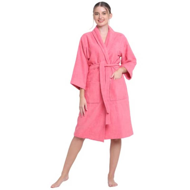 Creeva Royal Pink Solid 100% Cotton Bath Robe (L)